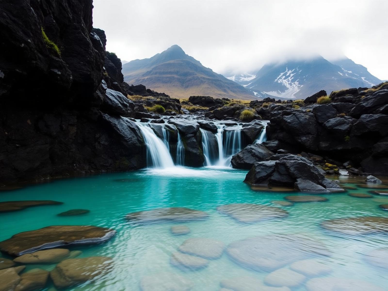 Turquoise Fairy Pools with Cuillin mountains behind, Isle of Skye